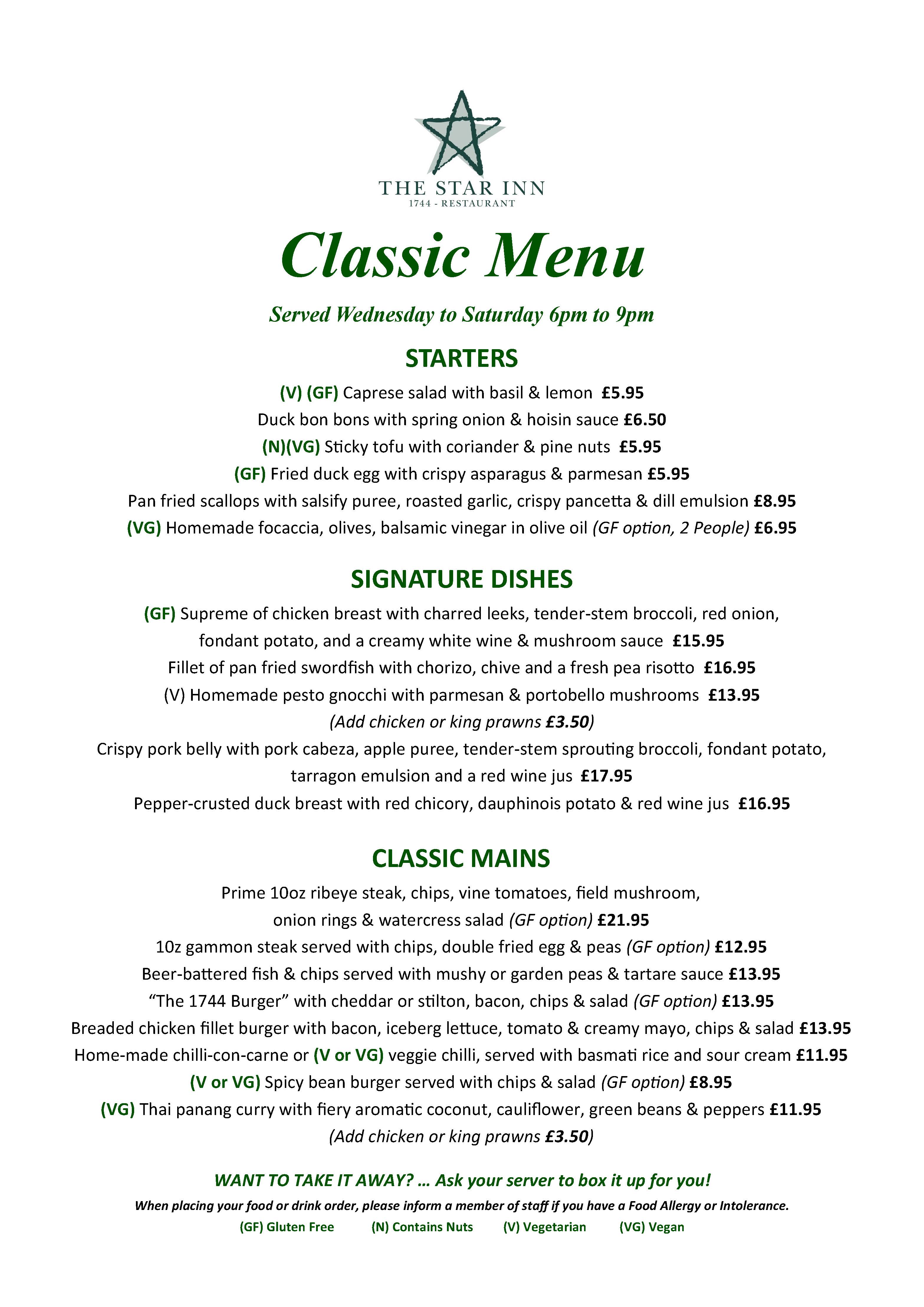 Our Menus The Star Inn 1744 Our Menus The Star Inn 1744