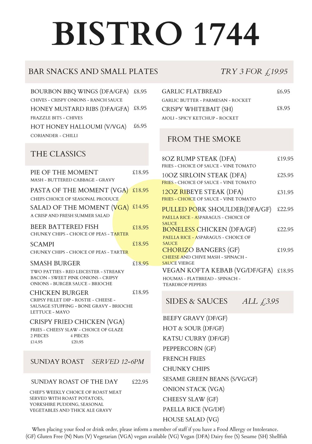 Bistro 1744 Menu Evening June 2025