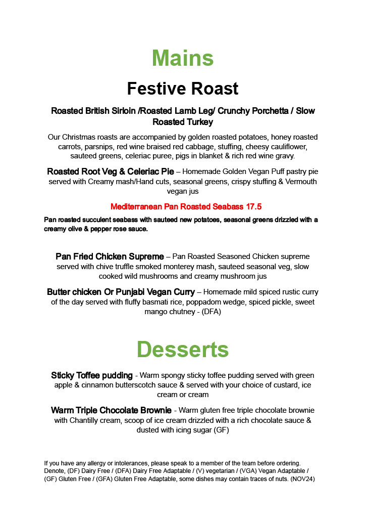 Festive Menu - Mains & Desserts