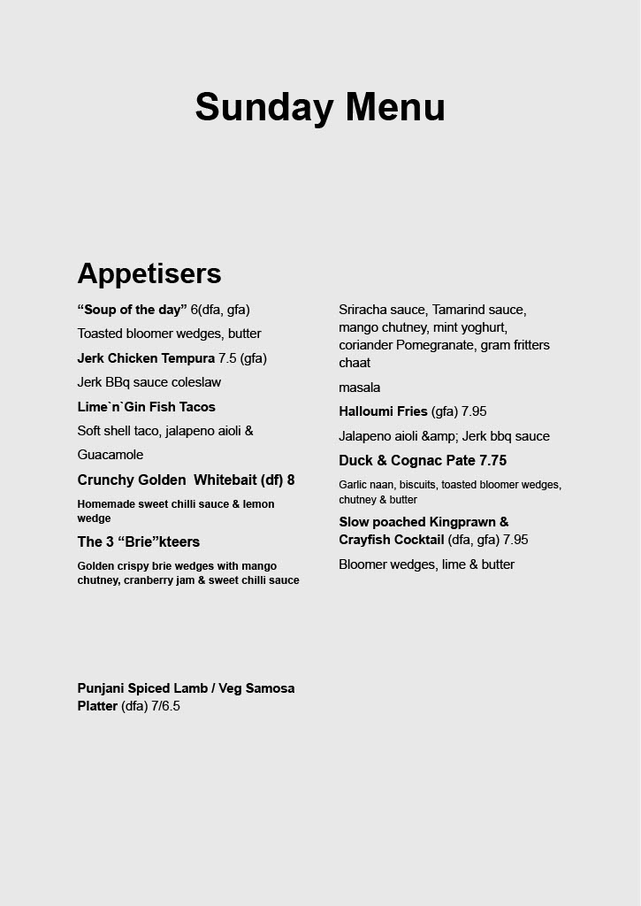 Sunday Menu - Appetisers